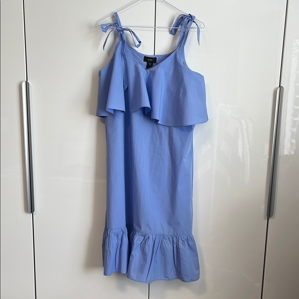 KAZO Blue Tie Shoulder Ruffle Midi Cotton Dress, Size L